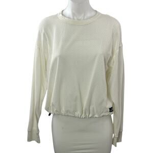 DKNY Sport Women's White Mesh Crew Neck Long Sleeve Bungee Crop Sweater Top Sz M